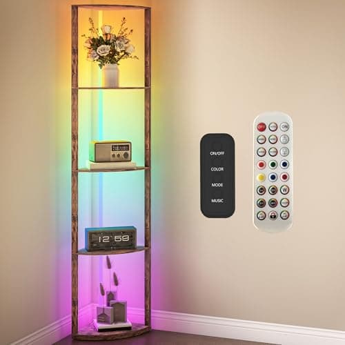 Image of HOMCOM RGB LED Floor Lamp with Shelves, 5-Tier Dimmable Standing Lamp with Adjustable Brightness and Remote Control, Modern Corner Display Shelf Unit for Living Room Bedroom Office, Rustic Brown