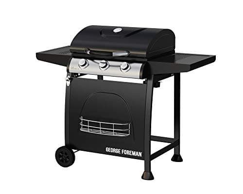 Image of George Foreman 3 Burner Gas BBQ with Automatic Ignition & Integrated Thermometer, Black, Gas Barbecue, 2 Wheels Fitted Rack with 2 Shelves GFGBBQ3B