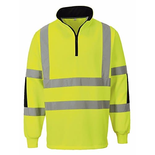 Image of Portwest B308 Xenon Hi-Vis Rugby Shirt Mens Workwear Long Sleeve Reflective Tape Quarter Zip Pullover Jumper Sweatshirt Construction Rail Highway Worker Safety Top, Yellow, XL