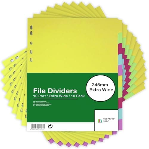 Image of File Dividers A4, 10 Part Extra Wide Folder Dividers Extra for Ring Binders & Lever Arch Files (10 Pack) Binder and Subject Dividers with Writeable Coloured Index Tabs - The Paper Shop
