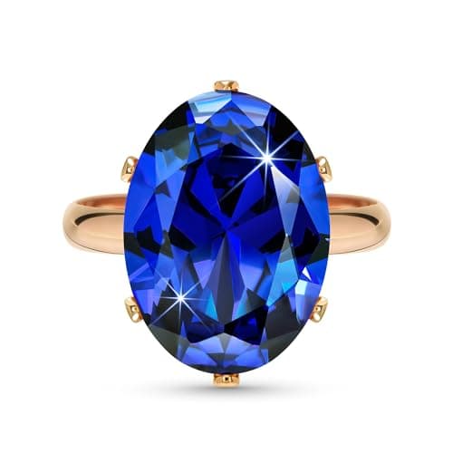 Image of Linawe Sapphire Rings for Women, Blue Stone Cubic Zirconia Imitation Diamond Chunky Boho Rose Gold Costume Jewellery Dupes Cocktail Oval Crystal Birthstone Rhinestone