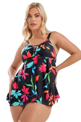 Image of Yours Curve Black Floral Print Hanky Hem Tankini Top - Women's - Plus Size Curve