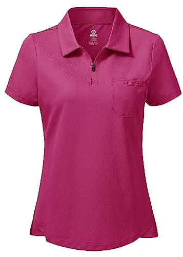 Image of MoFiz Ladies Golf Polo Shirts Short Sleeve Cotton Tennis Work Golf Top Casual Sports T-Shirt with 1/4 Zipper Rose-red Size 2XL