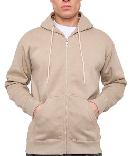 Image of LABEL APPAREL Mens Zip Up Hoodie 300GSM Fleece Plain Pullover Zipped (UK, Alpha, S, Regular, Regular, Beige)