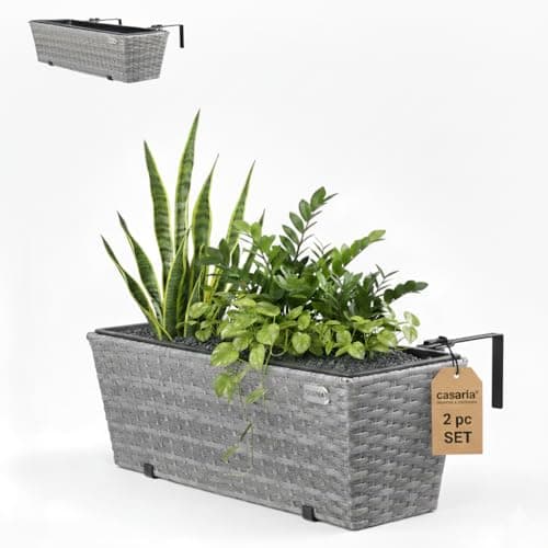 Image of CASARIA® Set of 2 Flower Boxes | Weatherproof Poly Rattan | Hangable with Mounting Brackets | Floating Planters Perfect for Balcony Windowsill Railing Gate or Fence | 60 x 20 x 19cm | 11 L | Grey