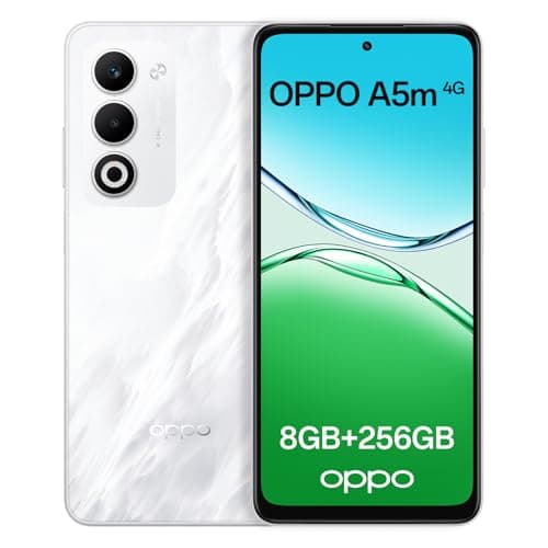 Image of OPPO A5m 4G 8GB RAM + 256GB ROM, Unlocked Smartphone with AI, 6.67" 90 Hz display, 50 MP AF camera, 6000 mAh battery, IP65 Water and Dust Resistance, Mist White (Include 45W SUPERVOOC Charger)
