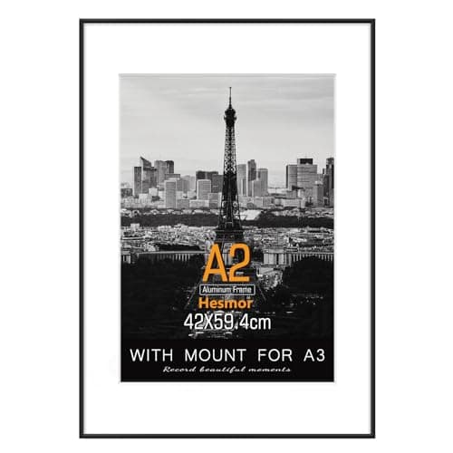 Image of Hesmor A2 Picture Frame Aluminum Acrylic in Black - A2 Photo Frames 16.5 x 23 inch Size Black Pictures Frames with Clear Plexiglass for Wall Mounting, Single Poster Frames with Mat for A3