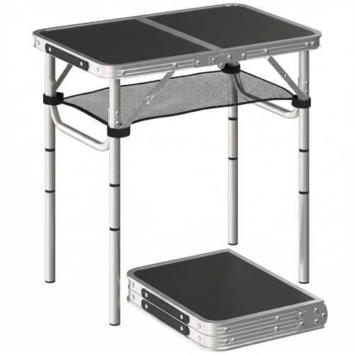 Image of Outsunny 2ft Folding Camping Table, Picnic Table with Mesh Storage Layer, 4 Adjustable Heights and Carrying Handle, Portable for Garden, Park, BBQ, Black and Silver Tone