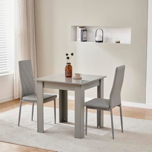 Image of Homullel 75x75 cm Small Dining Table and 2 Chairs, 2 Seater Table and Chairs Set Kitchen Dining Room Set for 2, Compact, Space Saving, Wooden, Glossing Tabletop Grey (2 Seats, Faux Leather Grey #2)