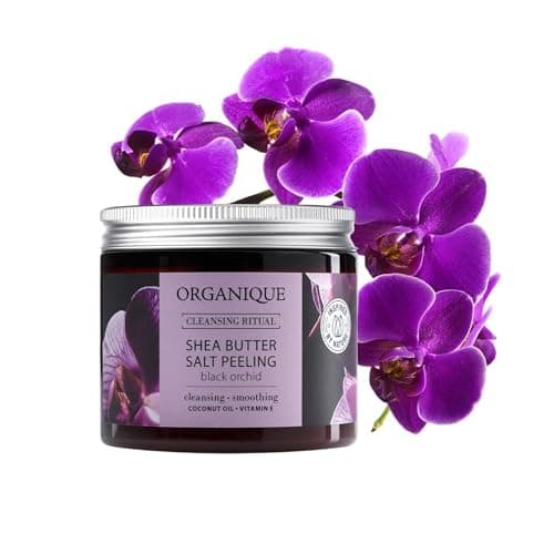Image of Organique Shea Butter Salt Peeling Scrub | Exfoliating Peel with Black Orchid Scent, Shea Butter, Vitamin E, Sunflower Seed Oil, Grape Seed Powder | Cleanse, Nourish & Smoothen All Skin Types (200 ml)