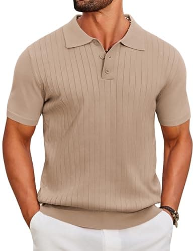 Image of COOFANDY Mens Polo Shirts Short Sleeve Knitted Summer Casual Button Polos Stretch Golf Polo Shirt for Men Regular Fit Designer T-Shirts Khaki 3XL