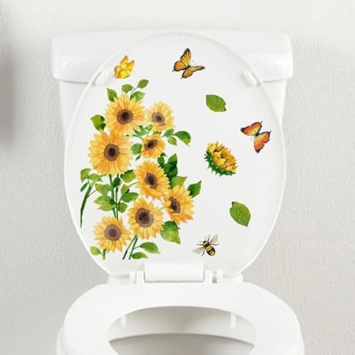 Image of Yellow Sunflower Butterfly Bathroom Toilet Sticker Self-Adhesive Waterproof PVC Wall Murals Floral Lid Decals Stickers Home Art Decor DIY Removable Waterproof Toilets Sticker,Toilet Accessories