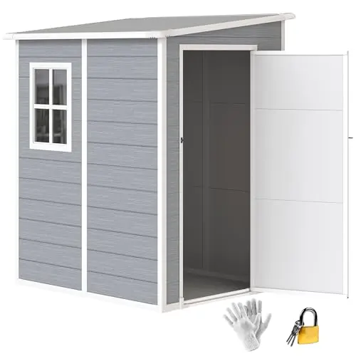 Image of Outsunny 4 x 5FT Plastic Garden Shed with Floor, Lean to Outdoor Storage Shed, Lockable Tool Storage House with Window, Vent and Plastic Roof, Grey
