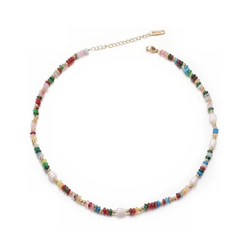 Image of Aleasha Boho Beaded Necklace For Women Colorful Choker Necklace Natural Stone Freshwater Pearl Handmade 14K Gold Plated Summer Jewelry Gift