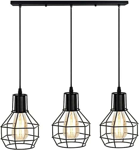 Image of DC VOLTAGE 3 Light Industrial Ceiling Pendant Light, Black Geometric Cage Bar Fitting, E27 90cm Adjustable Hanging Lamp, 50cm Vintage Chandelier for Kitchen Island Dining Room