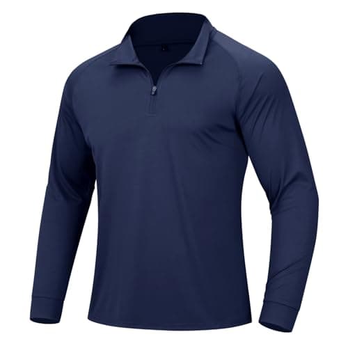Image of DEHORU Men's Long Sleeve Sports Shirts 1/4 Zip UPF 50+ Rash Guard Sun Protection Quick Dry Pullover UV Shirt Lightweight Breathable Outdoor Hiking Golf Shirt Running Tops (NB L) Navy Blue