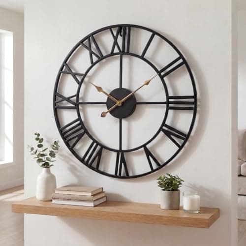 Image of Heaven4you Large Premium Wall Clock Roman Numerals Metal Indoor Big Round Open Face for Living Room Kitchen Bar Office – Silent – Ready to Hang with Hook & Instructions for Hands 60cm/23.6inch