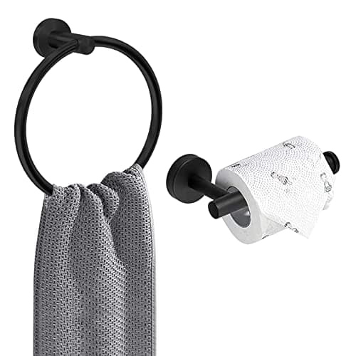 Image of AMMIY Toilet Roll Holder Towel Ring, Wall Mounted Toilet Paper Holder, 2 Pieces Classic Stainless Steel Bathroom Accessories, Matte Black