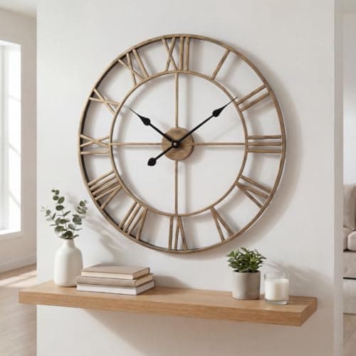 Image of Heaven4you Premium Skeleton Metal Vintage Rustic Wall Clock Roman Numerals, Brushed Finish for Kitchen, Living Room– Silent – Ready to Hang with Hook & Instructions for Hands Gold Bronze (60cm)