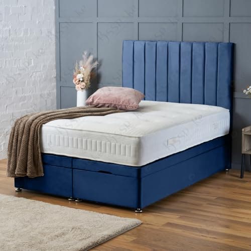Image of BSSPOKE Luxury Plush Velvet Double Ottoman Divan Bed with Mattress Option 54”Panel Headboard, End Lift Up Storage Bed Base (Blue, 4ft6" Double)