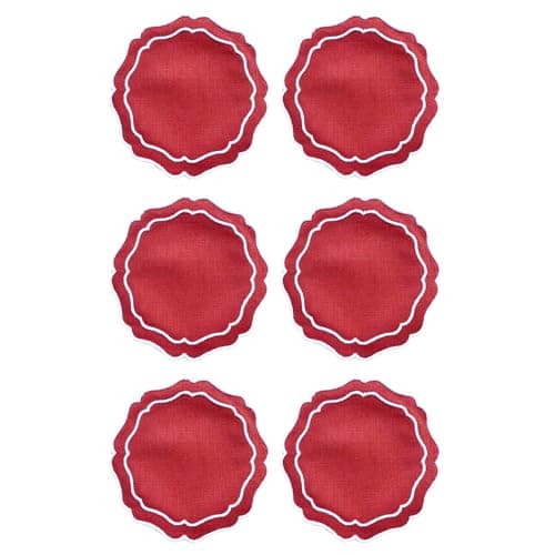 Image of EmbroideryLinen.VN Drink Coasters Set of 6, 6x6 inch, Absorbent Linen Drink Mats with Scalloped Edge, Reusable Handmade Coffee Coasters for Home Decor & Tabletop Protection & Gift Giving (Brick)