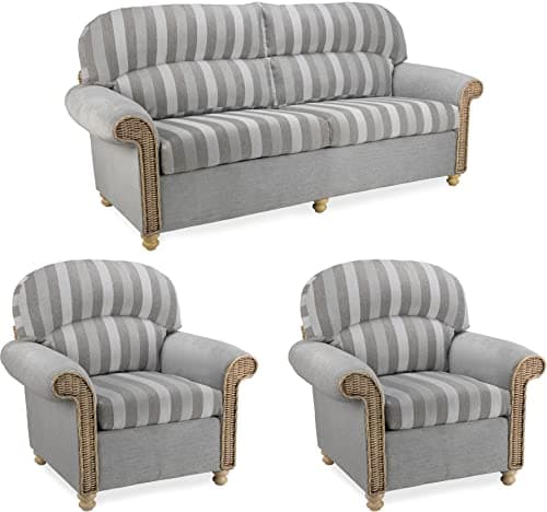 Image of Desser Samford Conservatory Furniture Set of 3 Seater Sofa & 2 Armchairs – Fully Assembled Luxury Indoor Real Cane Wicker Chair & Settee Suite with UK Made Grey Cushions – Aquaclean Duke Grey Stripe