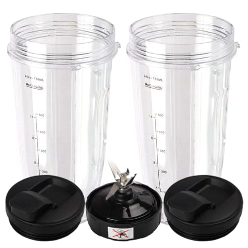 Image of 5 Pieces Blender Replacement Parts, 2X 710ml Cups & 1x Blade & 2X Spout Lids Compatible with Nutri Ninja Blender Auto iQ BL480 BL482 BL642 BL682 NN102