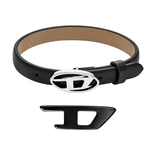 Image of Diesel Men's Leather Stackables Black Bracelet and Stainless Steel Earrings, Set