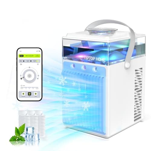 Image of Portable Air Conditioner, 4-IN-1 Evaporative Air Cooler with App Control, 800ml Water Tank, Rechargeable Mini Air Conditioner, 3 Speeds & 3 Mist, Colorful Night Light Cooling Fan