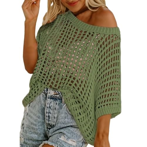 Image of Crochet Tops for Women UK,Womens Summer Scoop Neck Off The Shoulder Long Sleeve Sweater Casual Crochet Hollow Out Knit Jumper Pullover Shirts Beach Coverup 2025 New Going Out Knitwear Green