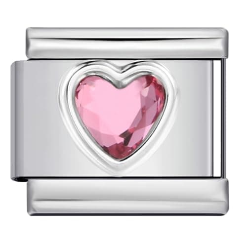 Image of Mon & Sons Ruby Pink July Smooth Love Heart Month Birth Year Birthday Stone Anniversary Birthstone Crystal Silver Italian 9mm Link Stainless Steel Bracelet Charm Compatible With 9mm Link