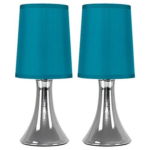 Image of MiniSun | Small Modern Chrome Trumpet Touch Table Lamps with Blue Fabric Shades | Table Lamps, Home Décor & Improvement Essential | Set of 2