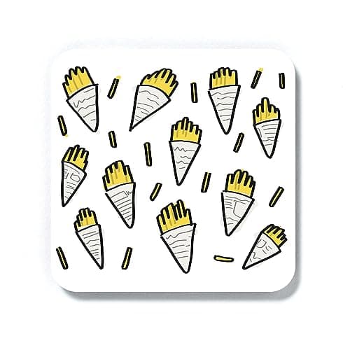 Image of LEMON LOCO Fish And Chips In Newspaper Print Coaster | Chips Wrapped Up In Newspaper Drinks Mat, Chippy Coaster, Traditional British Food