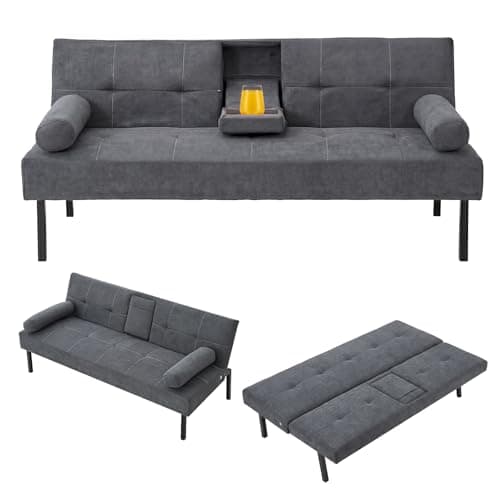 Image of Panana 3 Seater Sofa Bed Linen Fabric Upholstered Modern Convertible Folding Futon Sofa Bed Daybed Guest Bed, 5 Angles Adjustable, 2 Cup-Holders (Grey)