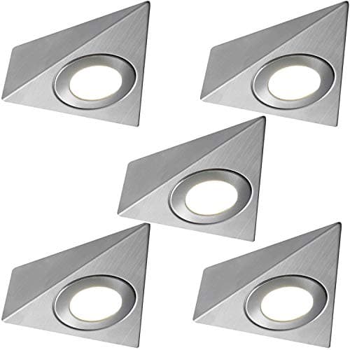 Image of 5 Pack | *240V Mains* LED Triangle Under Cabinet Kitchen Spotlights | Brushed Nickel & Warm White | Surface Mounted Light Fittings | Cupboard Worktop Counter Unit Lighting Kit | Loops