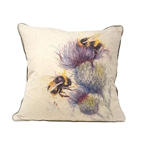 Image of Jane Bannon Square Cushion 100% Cotton with Duck Feather Pad (Bees on Thistle Design) 40cm x 40cm x 11cm - Official Merchandise