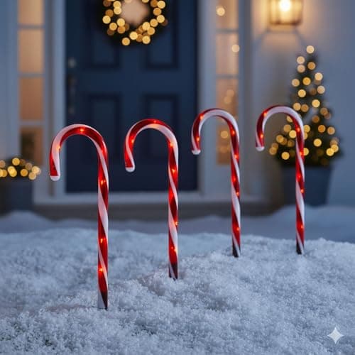 Image of Taylor & Brown 4 Pack Candy Cane Christmas Lights Pathway Lighting Lawn Patio Garden Stake Lights Marker Festive Indoor Outdoor Decorations Battery Powered. (Red)
