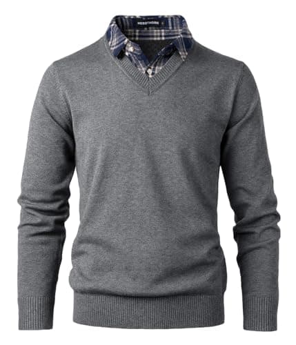 Image of Herothorn Men's Knit Sweater Fashion Pullover Soft Touch V-Neck Sweatshirt Top with Plaid or White Mock Shirt Collar
