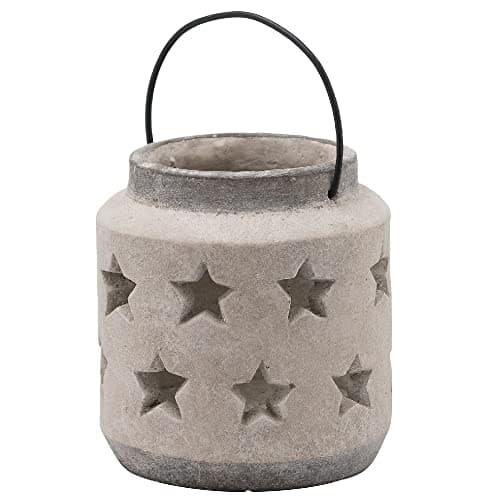 Image of Grey Stone Textured Ceramic Round Stars Cutout Lantern Candle Holder | 19cm Height | New Home Gift | Birthday Present