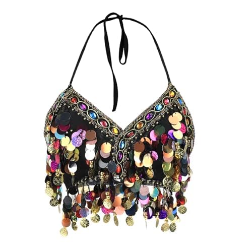 Image of TINAYAUE Shiny Sequin Top with Coin Tassels Belly Dance Tops for Women Colorful Halter Chest Wrap Sexy Party Performance Cute Halloween Dance Costumes (UK, Alpha, One Size, Regular, Regular, Black)