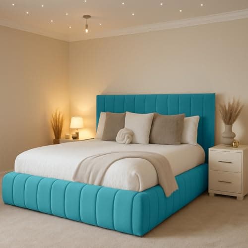 Image of S&W DECORE 4FT6 Double Bed Frame With Headboard And Mattress Upholstered In Plush Velvet Teal Bed Wooden Slats - No Storage (Teal Plush, 4FT6 Double With Mattress)