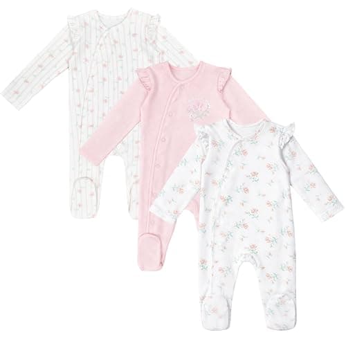 Image of Baby Sleepsuits 3 Pack Girls Cotton Teddy Bears Flowers Stripes (Pink Floral, 3-6 Months)