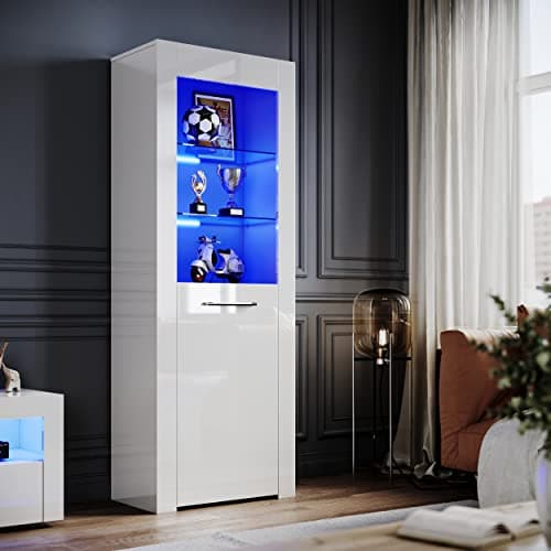 Image of ELEGANT White Gloss Sideboards Cupboard Tall Display Cabinet Unit with LED Lights, 5-Tier Shelves Bookcase Furniture for Living Room Bedroom, H165xW60xD35cm