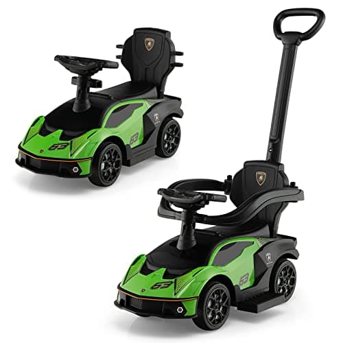 Image of COSTWAY 3 in 1 Ride on Push Car, Licensed Lamborghini Foot to Floor Slider with Removable Push Handle & Guardrail, Horn Sound and Under Seat Storage, Toddler Slider Walker for Boys Girls (Green)