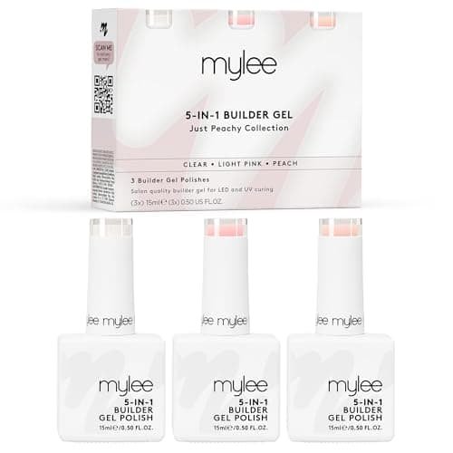 Image of Mylee 5 in 1 Builder Base Strengthening Gel Trio 3x15ml, UV/LED Nail Polish Coat, Hard Strong Nails Tips & Extensions, Nail Art Decoration, Decals & Jewels, Professional Manicure Repair (Just Peachy)