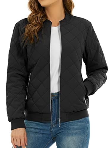 Image of TACVASEN Womens Quilted Jacket Casual Padded Bomber Jacket with Pockets Military Jacket Windbreaker Full Zip Jackets,Black,S