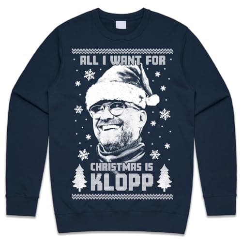 Image of Sanfran Clothing All I Want For Christmas Is Klopp Christmas Jumper Jurgen Liverpool Football Manager Ugly Xmas Gift Dad Son Unisex Sweater Sweatshirt Large/Navy Blue