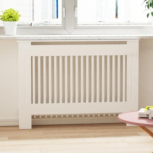 Image of High Radiator Cover Wood Cabinet: Internal Height 100cm Medium White Heater Covers Vertical Slats Modern Tall Radiator Shelf Thicken MDF Wooden Kitchen Bedroom Cabinet for Living Room