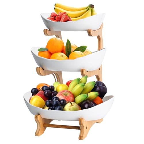 Image of 3 Tier Ceramic Fruit Bowl Set with Bamboo Wood Stand, Large Capacity Storage Basket, Kitchen Counter Snack Holder, Tiered Dessert Serving Plate, Tray Rack for Vegetable,Bread,Candy,Cake,Party (White)