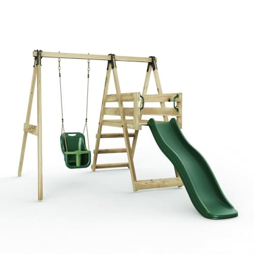 Image of Rebo Glide Wooden Single Swing Set with 6ft Slide and Swing Seat – Orchid (Dark Green Baby Swing) | OutdoorToys | Kids Outdoor Wooden Play Equipment for Gardens, Frame & Accessories Included